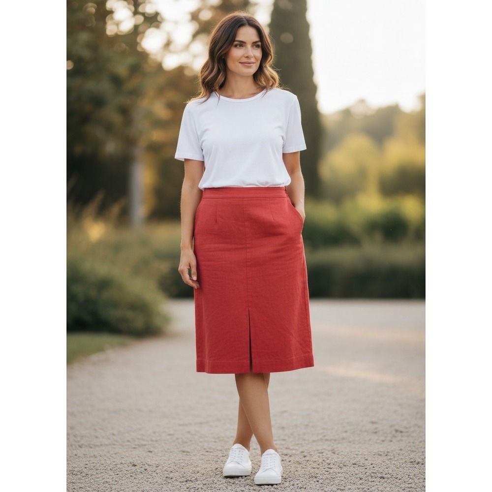 Brooks Brothers Red Cotton Blend Pencil Skirt Size 10 Knee Length‎ Slit Front